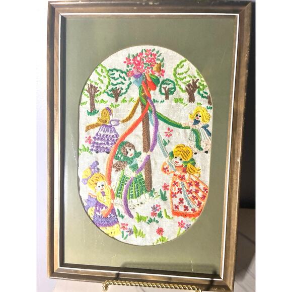 Framed Crewel Embroidery Maypole Girls Scene Handmade Folk Art Wall Decor - Picture 1 of 7